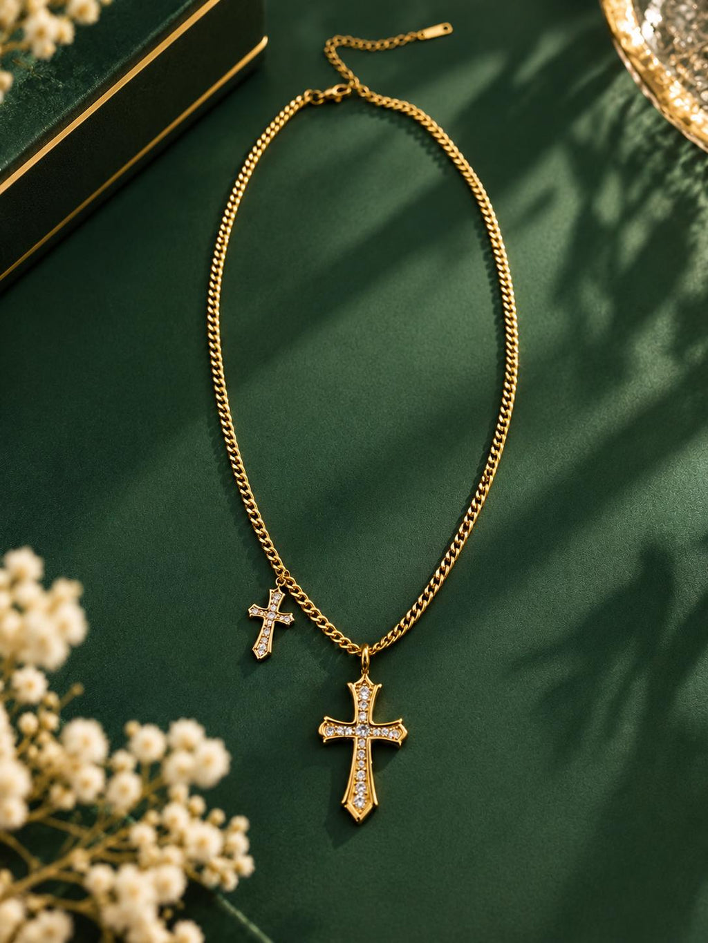 Collar dorado de cadena cubana con dos cruces de circonitas, collar vintage de moda SUY