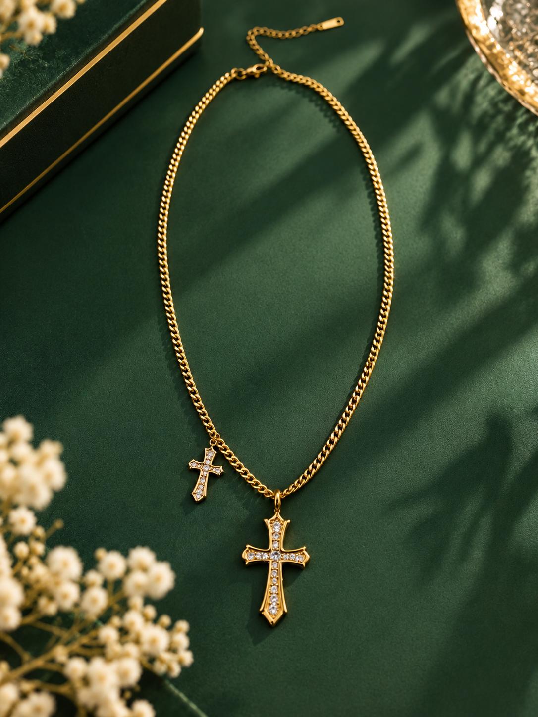 Collar dorado de cadena cubana con dos cruces de circonitas, collar vintage de moda SUY