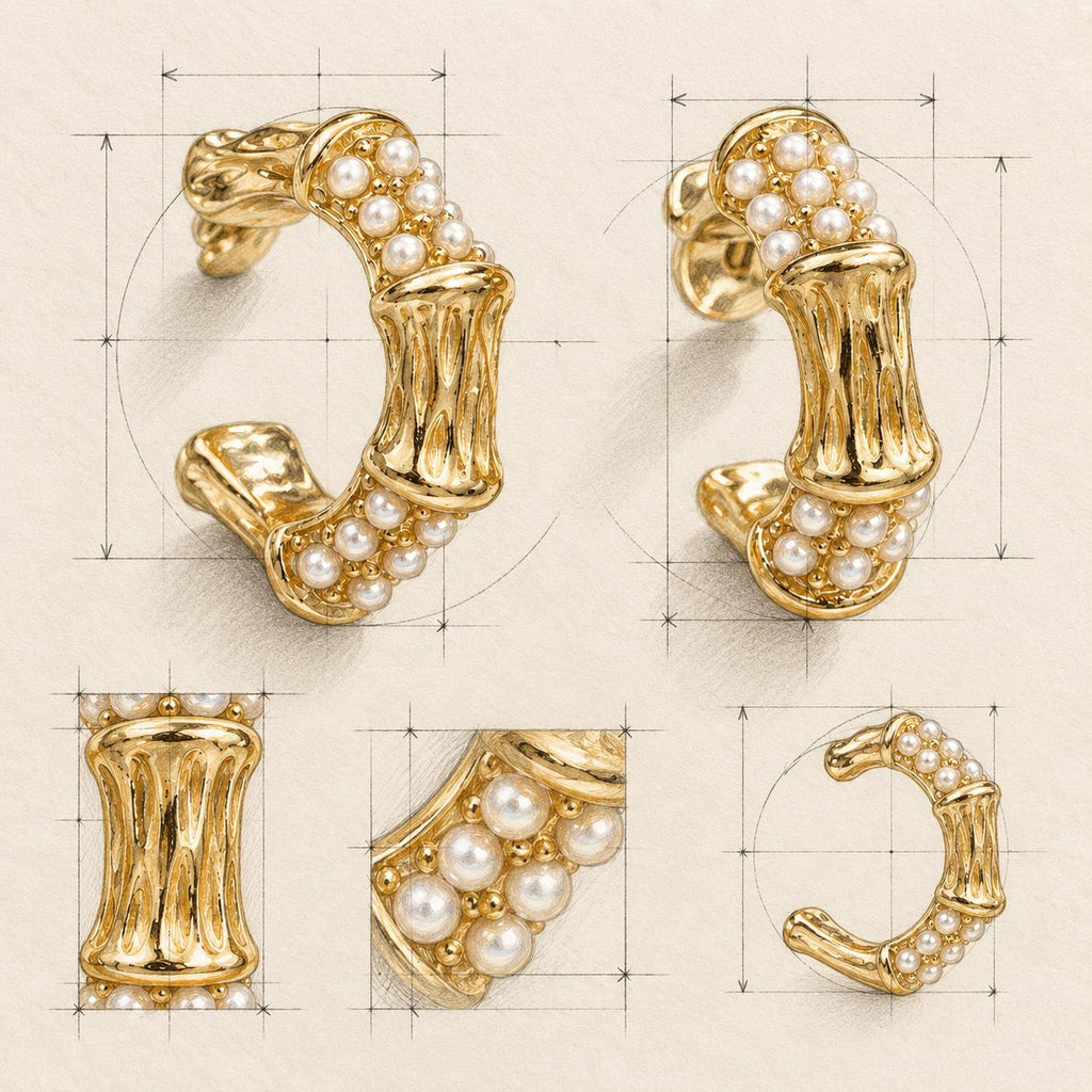 Aretes tipo aro dorado diseño bambú con perlas, joyería elegante para mujer SUY