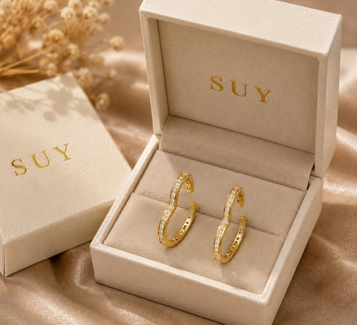 Aretes aro ondulado dorados con circonitas SUY, pendientes elegantes mujer