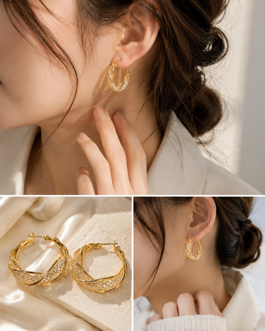 Aretes SUY Aros Dorados Medianos con Diseño Torcido Entrelazado y Malla de Piedras Brillantes, Pendientes de Aro Calados Llamativos para Mujer, Joyería Elegante para Fiestas, Citas y Ocasiones Especiales