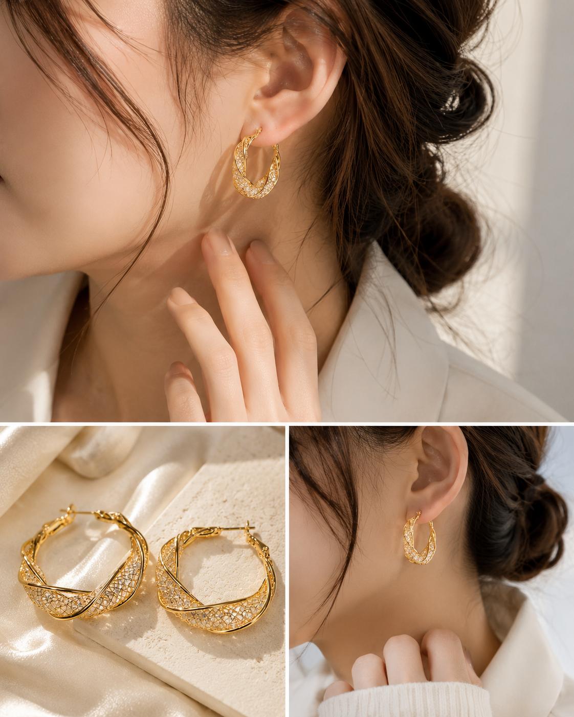 Aretes SUY Aros Dorados Medianos con Diseño Torcido Entrelazado y Malla de Piedras Brillantes, Pendientes de Aro Calados Llamativos para Mujer, Joyería Elegante para Fiestas, Citas y Ocasiones Especiales