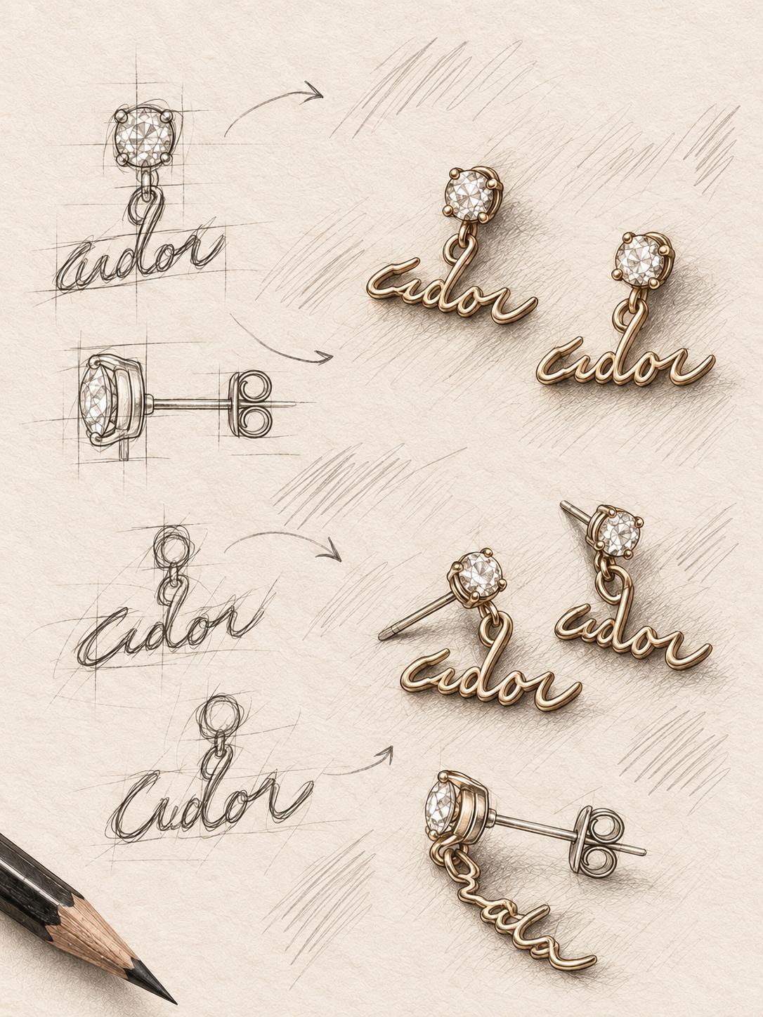Aretes dorados con diseño de letras y piedra brillante redonda para mujer – 1 par