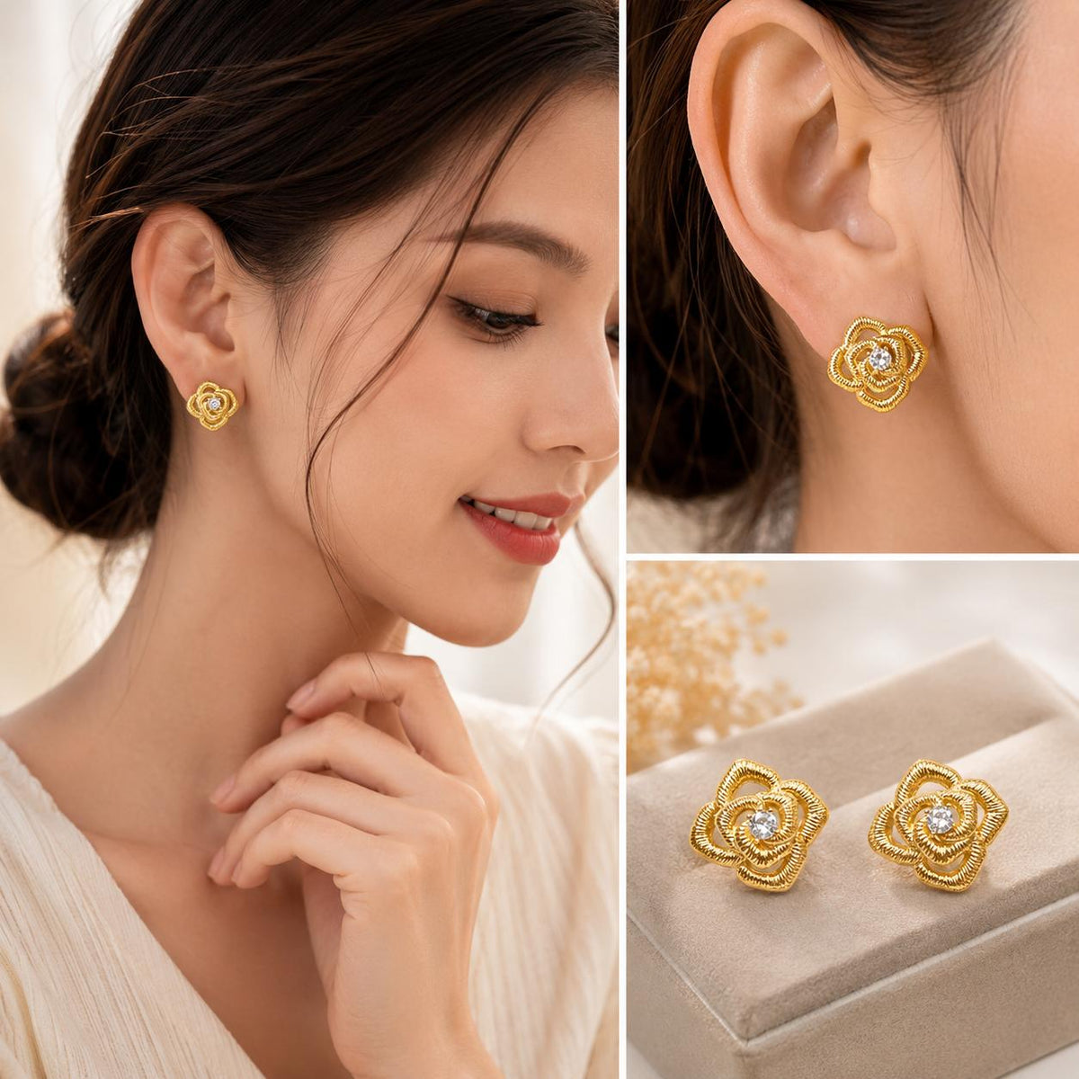 Aretes flor de rosa dorados con circonia brillante, joyería elegante para mujer SUY