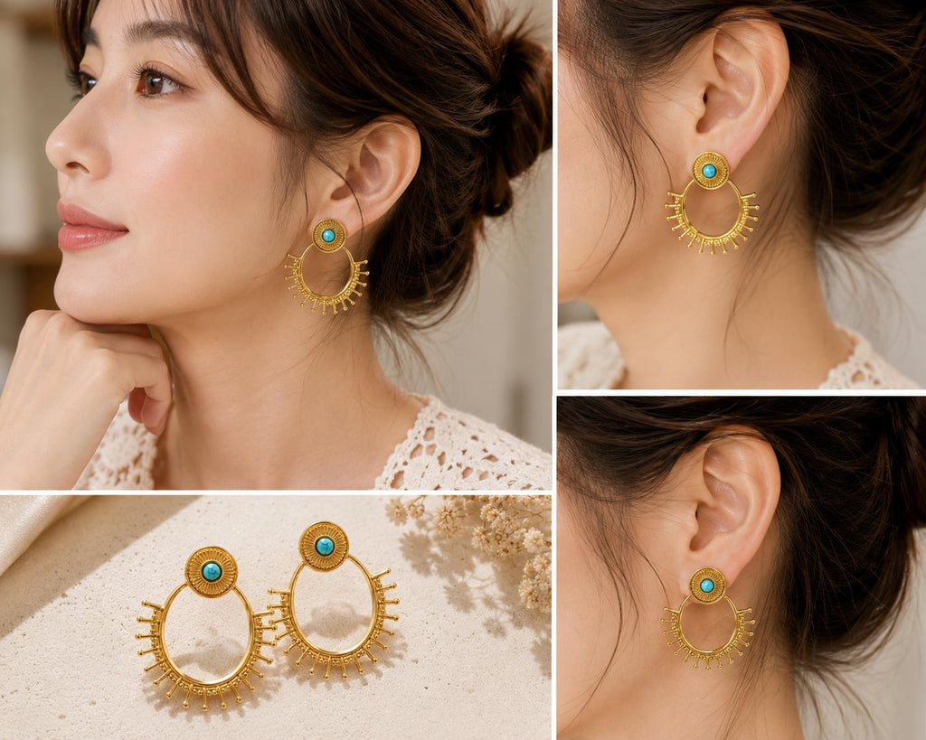 Aretes grandes bohemios diseño sol con piedra turquesa, joyería étnica para mujer SUY