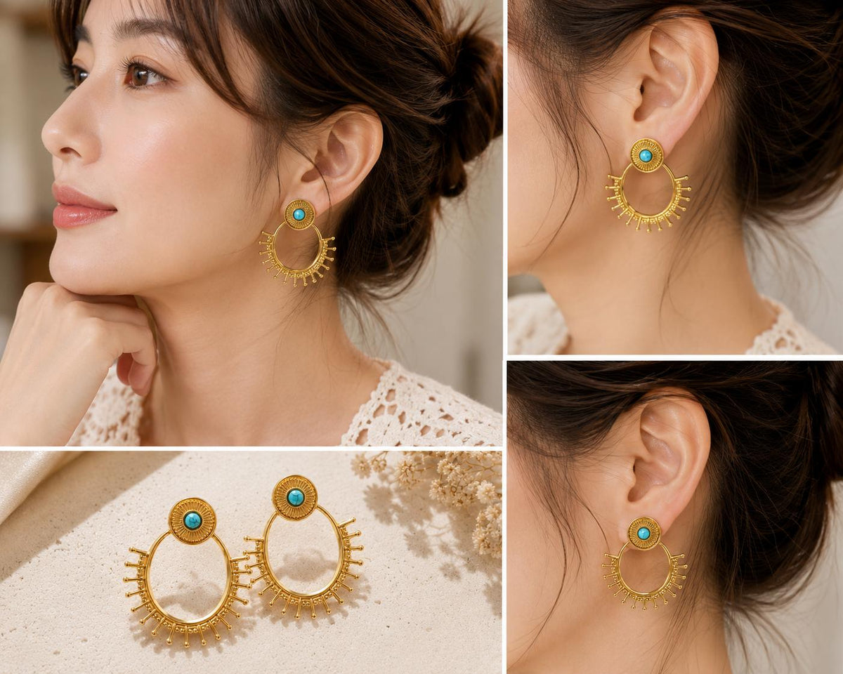 Aretes grandes bohemios diseño sol con piedra turquesa, joyería étnica para mujer SUY