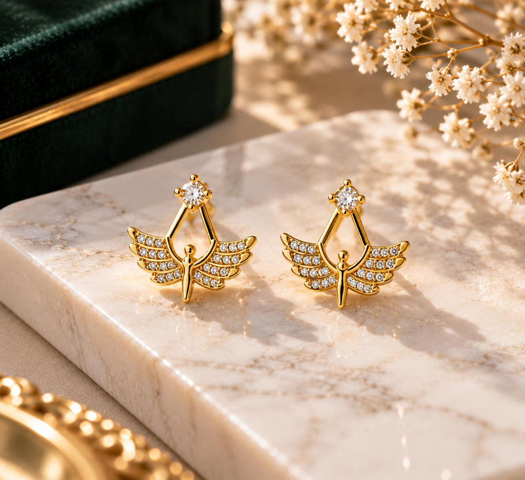 Aretes de ángel con alas y piedras brillantes, color dorado, para mujer – SUY JEWELRY