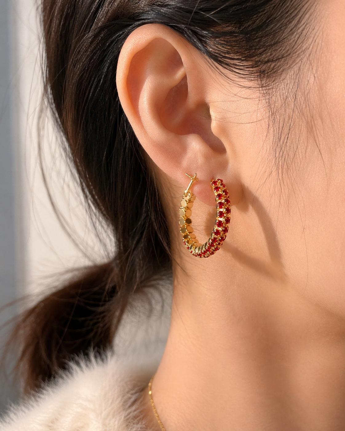 Aretes de aro dorados con circonita roja, aretes llamativos para fiestas y salidas SUY