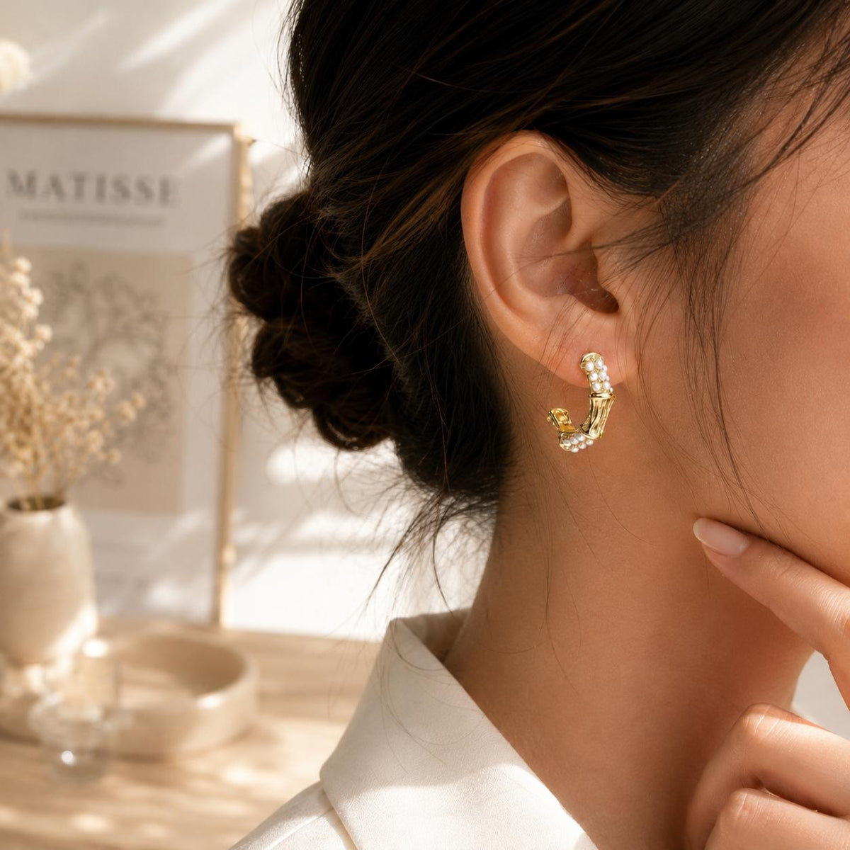 Aretes Aro Bambú Dorado Con Perlas Pequeñas Pendientes Vintage Elegantes Para Uso Diario Fiesta SUY