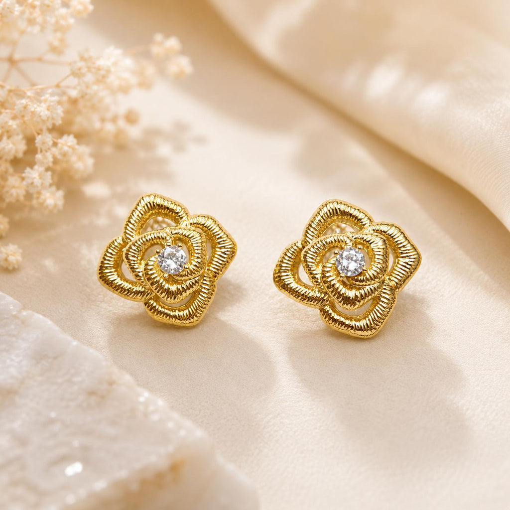 Aretes flor de rosa dorados con circonia brillante, joyería elegante para mujer SUY
