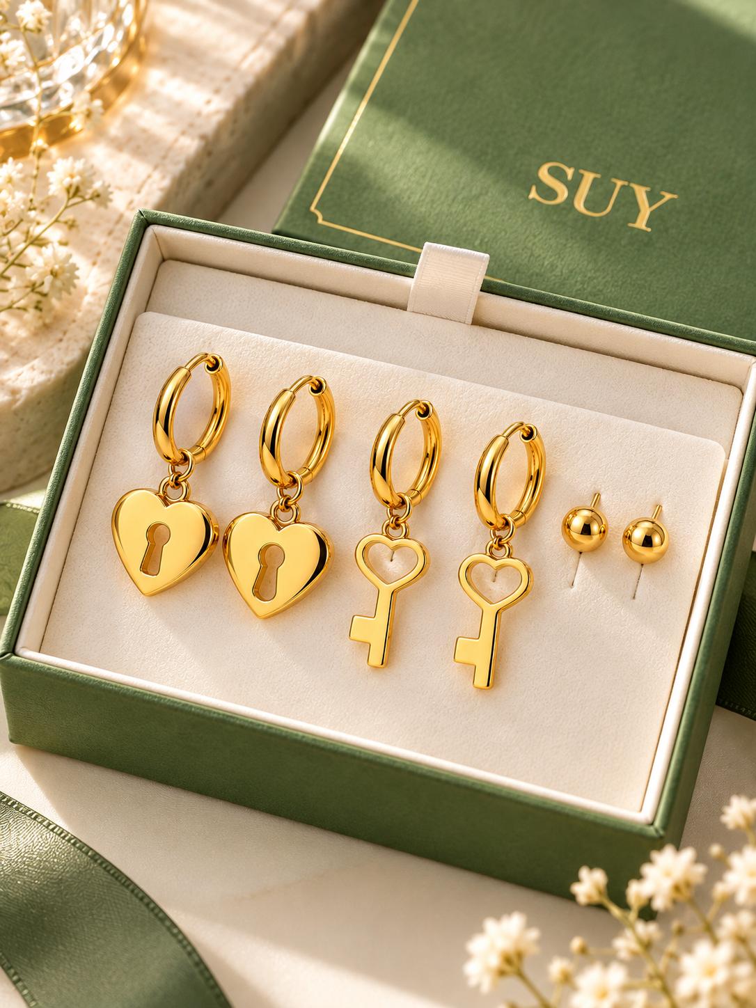 Set de tres pares de aretes dorados, aretes de aro candado y llave de corazón, aretes de bola, joyas de moda SUY