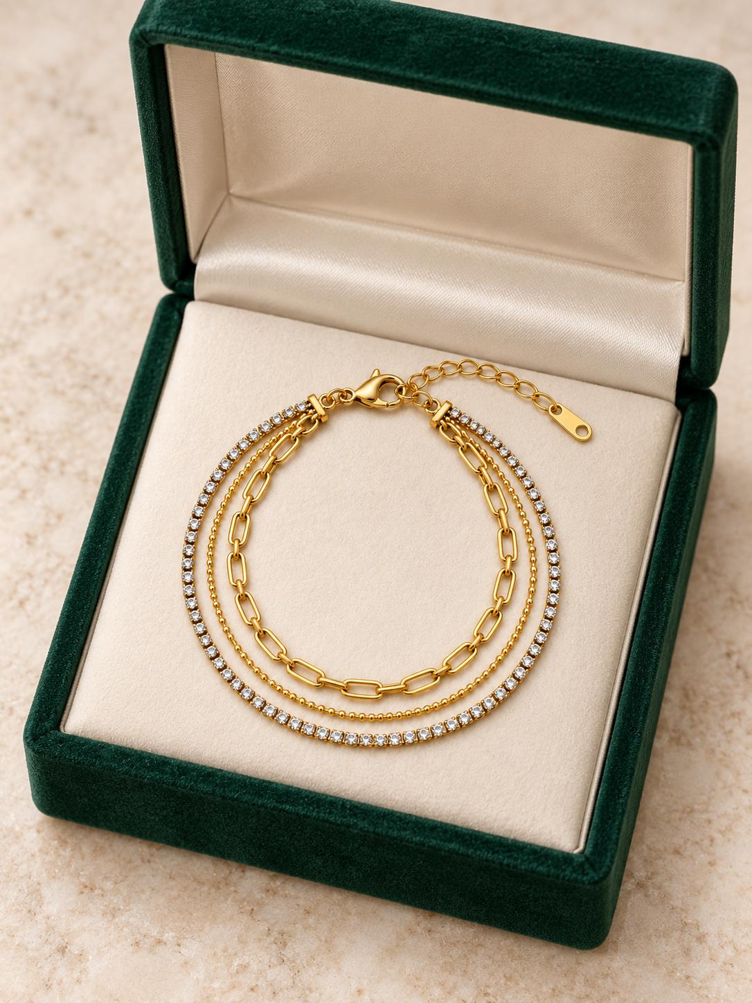Pulsera doble cadena dorada con circonitas brillantes, pulsera elegante de moda SUY