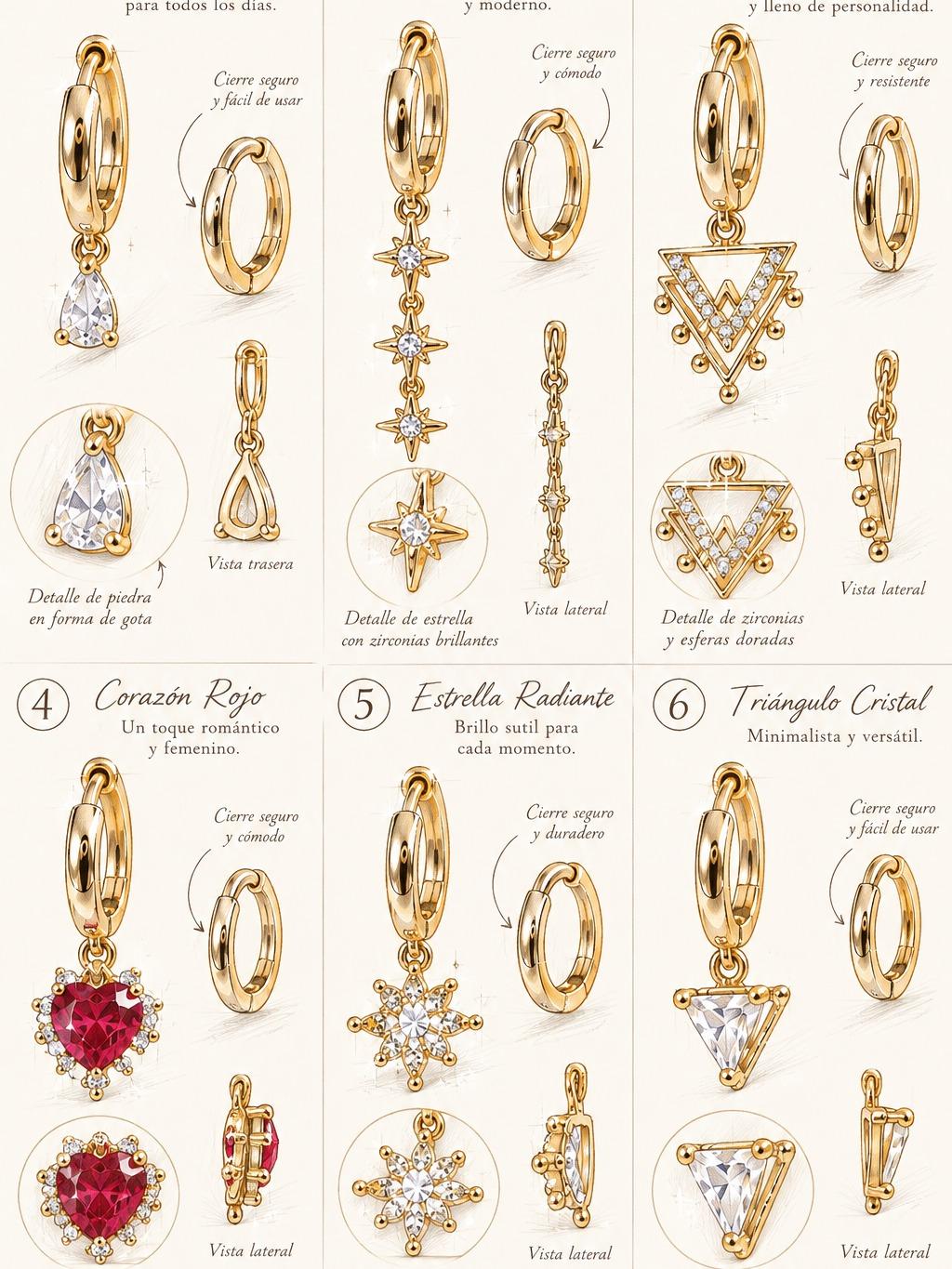 Set 6 Aretes Dorados con Corazón Rojo, Estrellas y Geométricos — Joyería Elegante Mujer