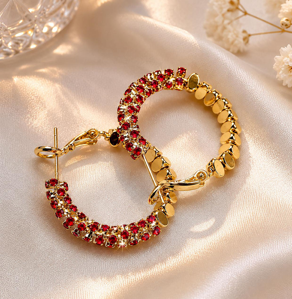 Aretes de aro dorados con circonita roja, aretes llamativos para fiestas y salidas SUY