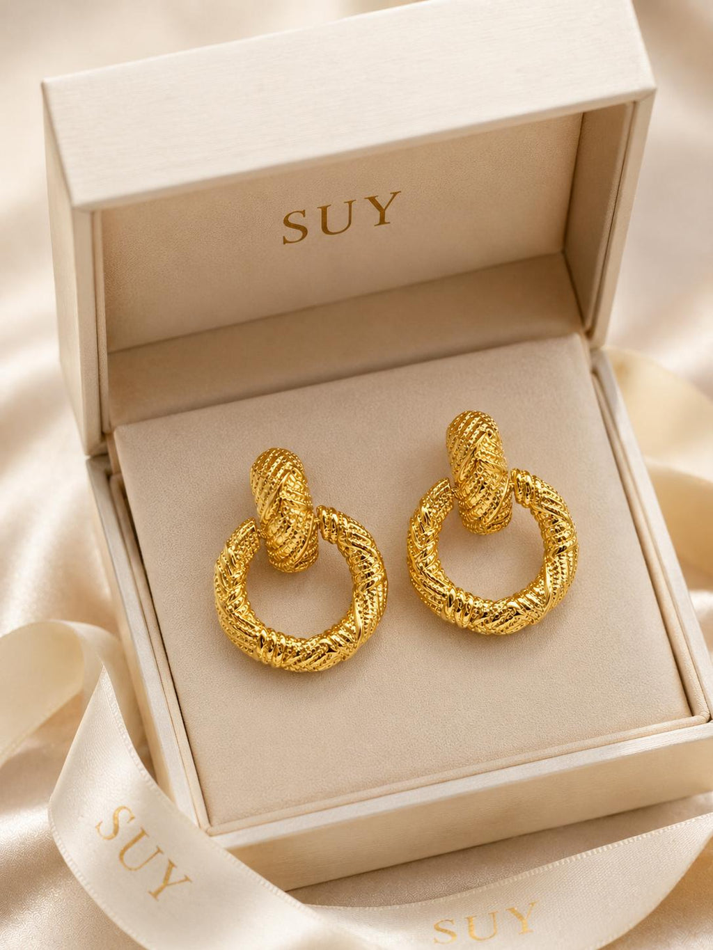 Aretes circulares texturizados dorados SUY, pendientes vintage para mujer