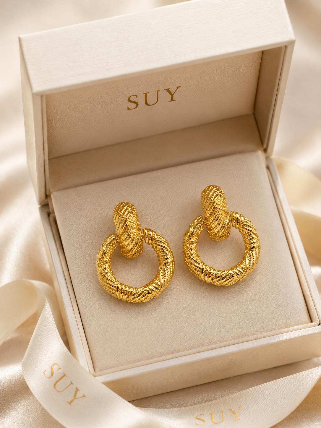 Aretes circulares texturizados dorados SUY, pendientes vintage para mujer