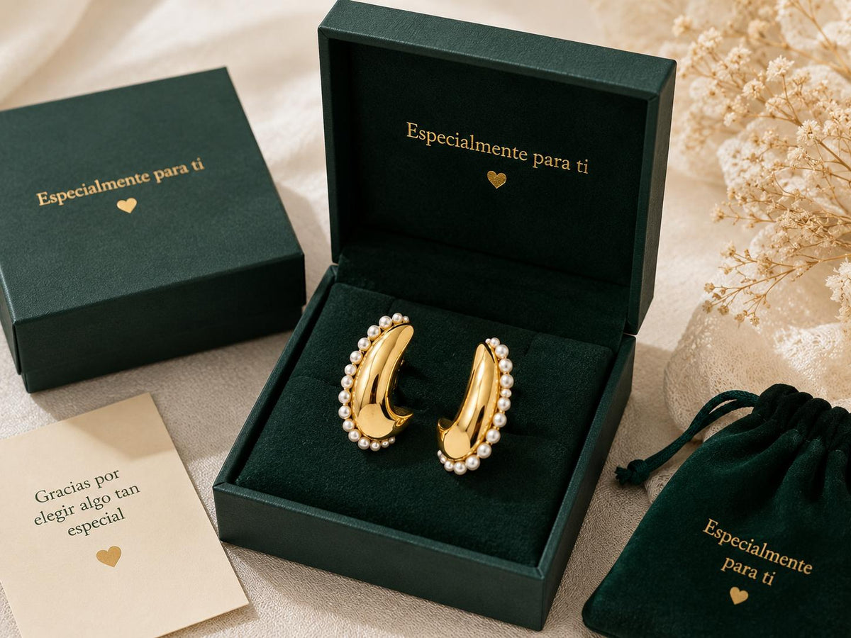 Pendientes tipo aro C dorados con perlas, diseño elegante de joyería para mujer SUY