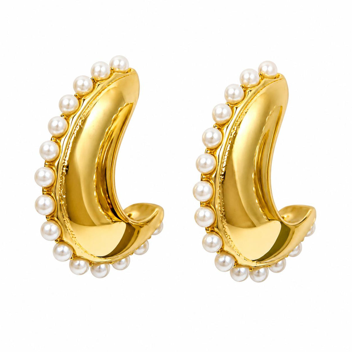 Pendientes tipo aro C dorados con perlas, diseño elegante de joyería para mujer SUY