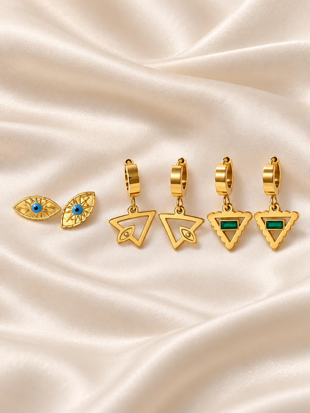 Set de 3 pares de aretes dorados para mujer, diseños de ojo azul y triángulos