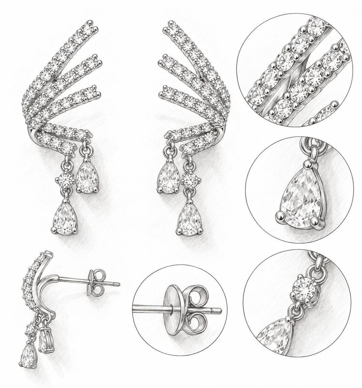 Pendientes dorados en forma de ala con circonias gota, diseño elegante para mujer SUY