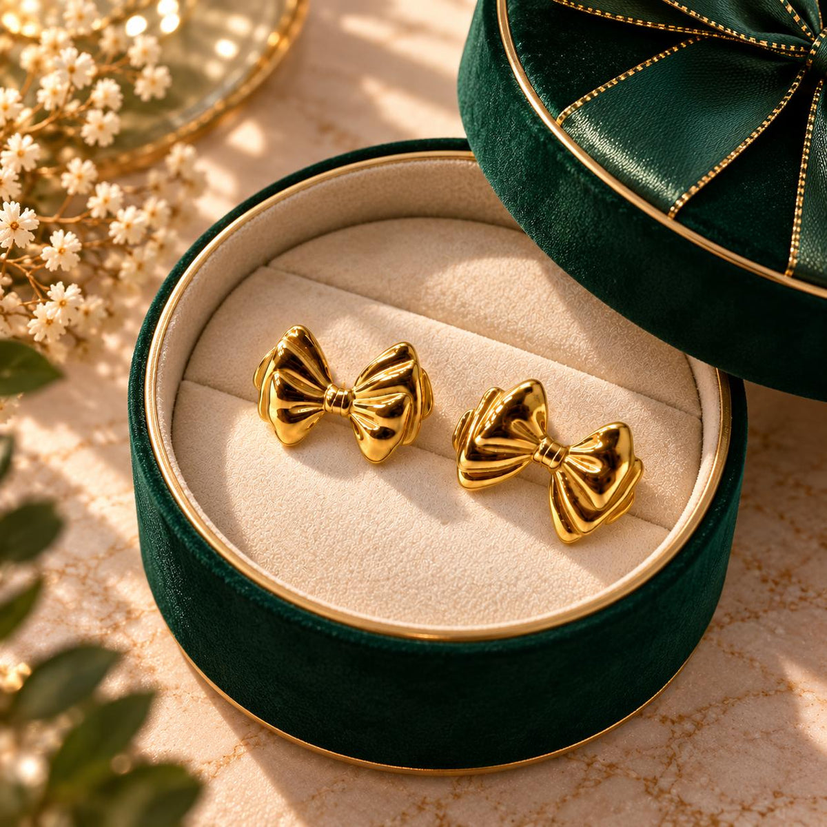Aretes de Moño para Mujer en Tono Dorado, Diseño con Relieve y Acabado Brillante, 1 Par