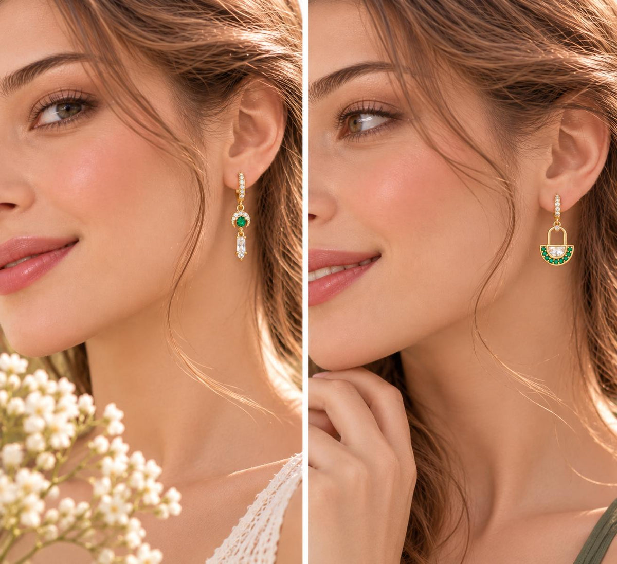 Set de Aretes Huggie Dorados con Zirconias y Dijes de Colores, Estilo Elegante y Moderno