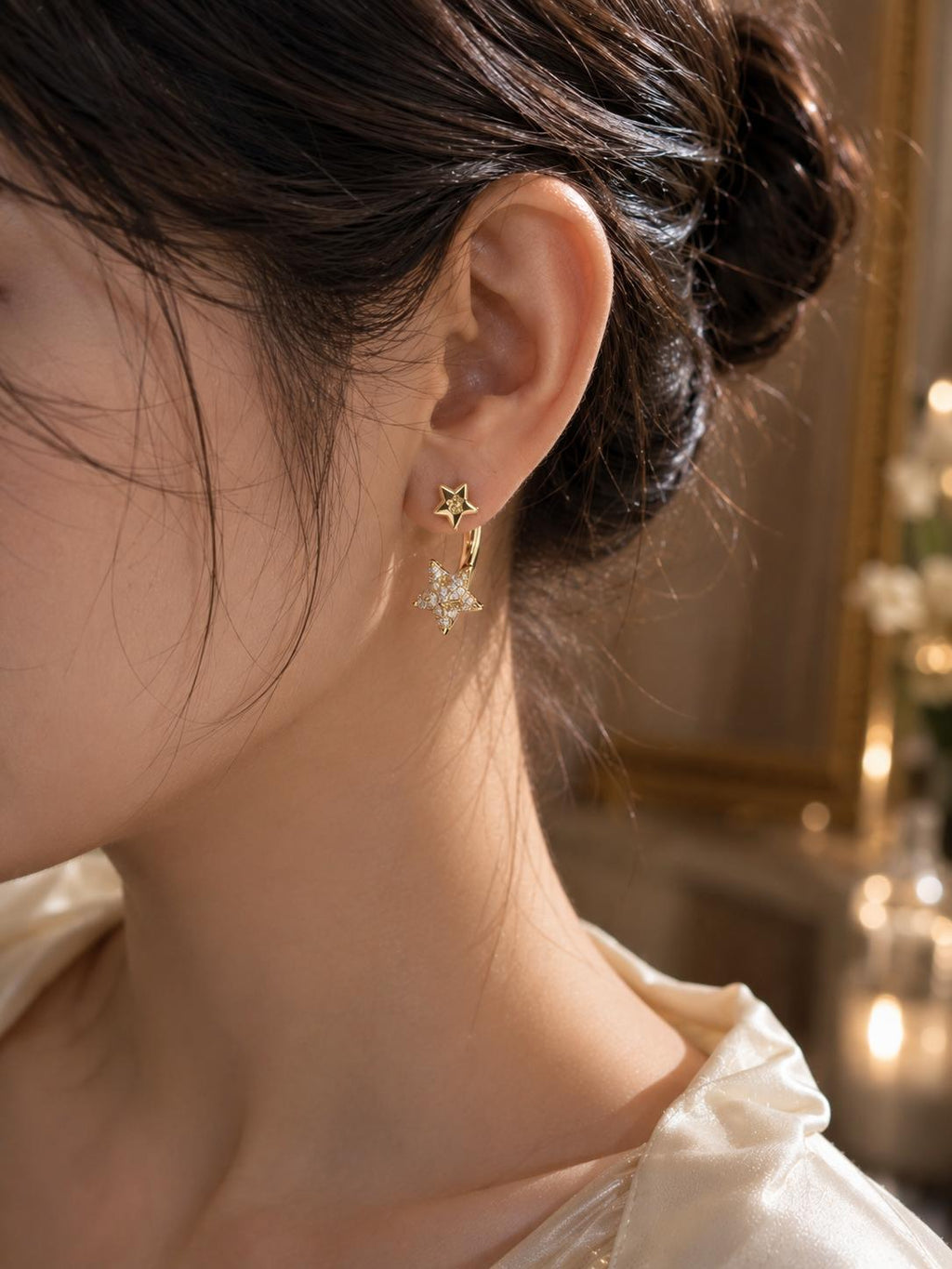 Aretes de doble estrella con circonitas brillantes, diseño vintage elegante, joyería fina SUY para mujer