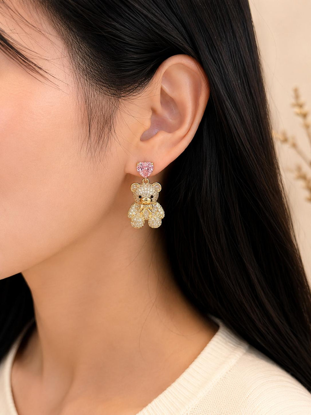 Pendientes de oso dorado con corazón rosa circonitas brillantes, lindo colgante para mujer, accesorio ideal para citas, fiestas y regalo SUY