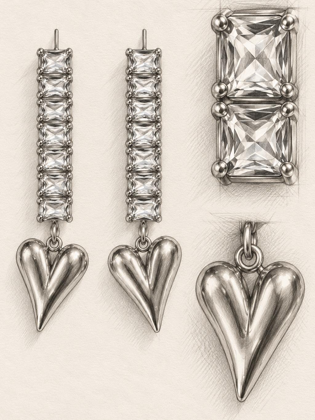 Aretes largos con piedras rectangulares y corazón colgante en tono dorado