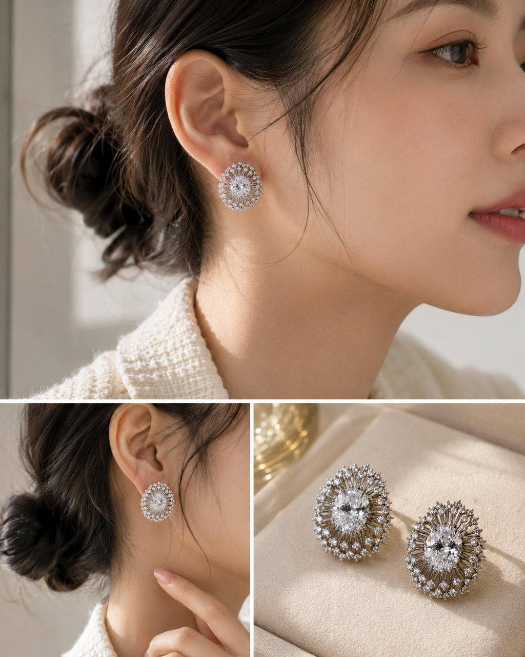 Aretes de Tuerca Ovalados con Piedras Brillantes , Diseño Fiesta Elegante para Mujer SUY