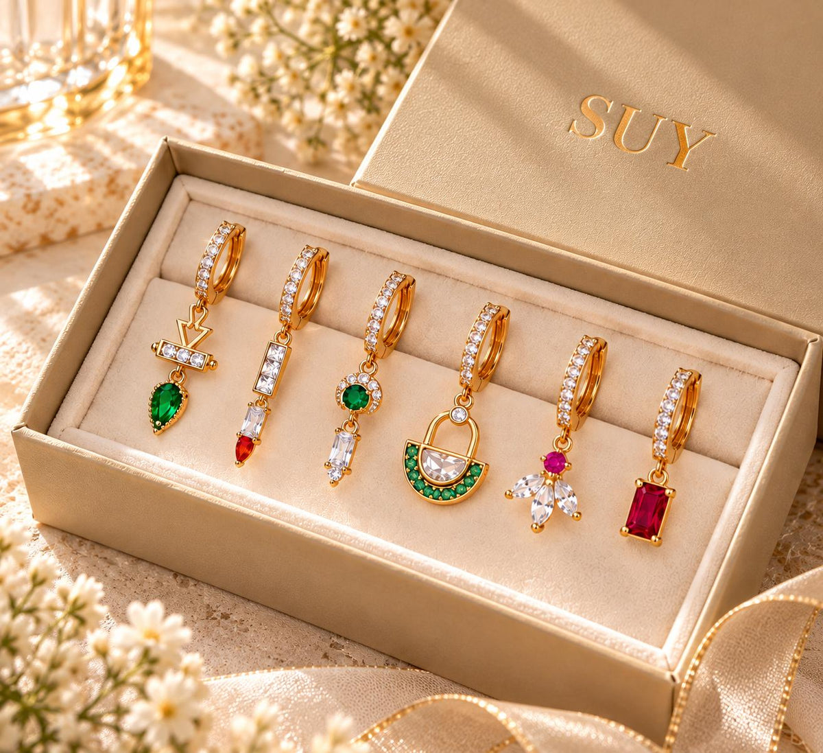 Set de Aretes Huggie Dorados con Zirconias y Dijes de Colores, Estilo Elegante y Moderno