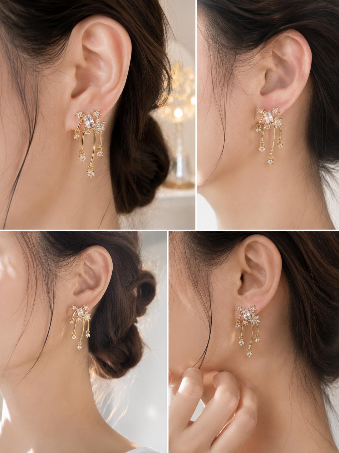 Aretes dorados de estrellas y cometa con circonita, aretes largos románticos para mujer SUY