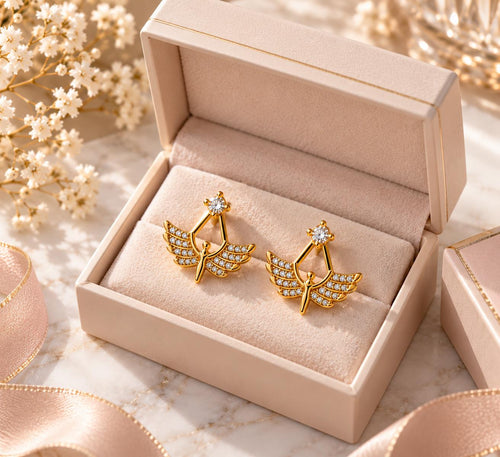 Aretes de ángel con alas y piedras brillantes, color dorado, para mujer – SUY JEWELRY