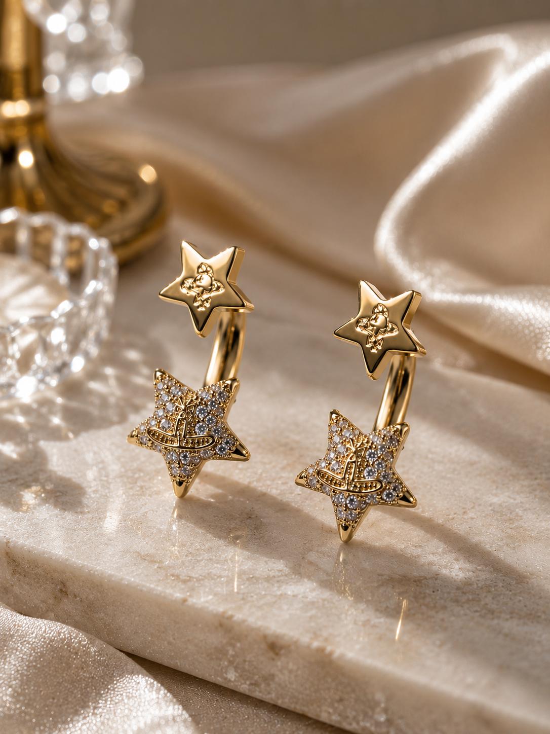 Aretes de doble estrella con circonitas brillantes, diseño vintage elegante, joyería fina SUY para mujer