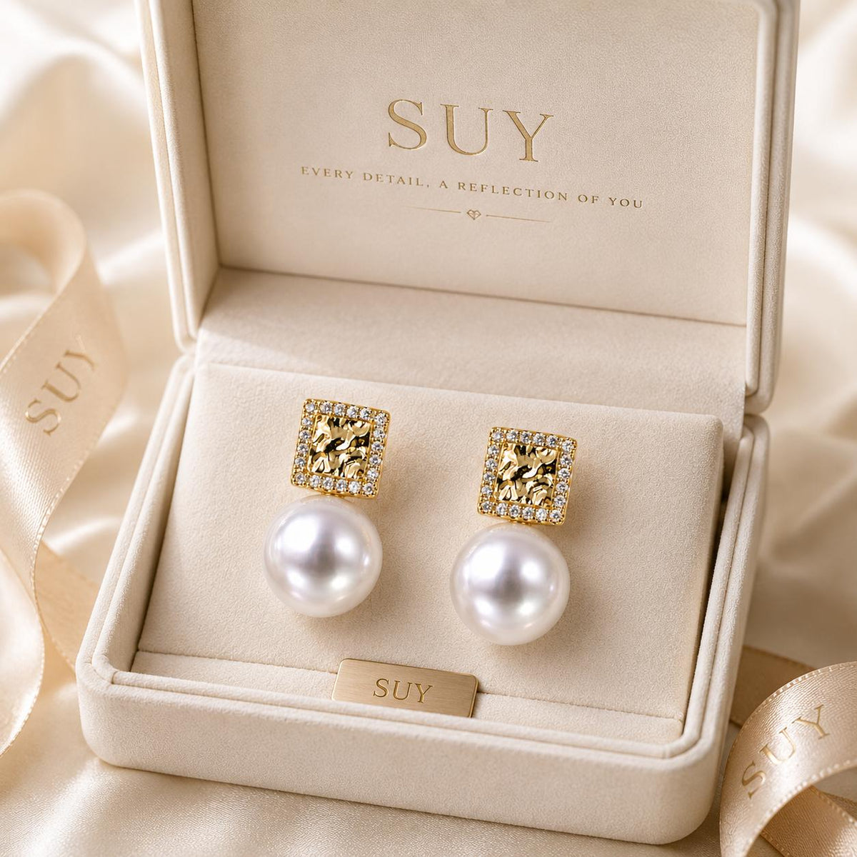 Aretes elegantes de perla blanca, diseño cuadrado con circonitas, joyería fina SUY para mujer