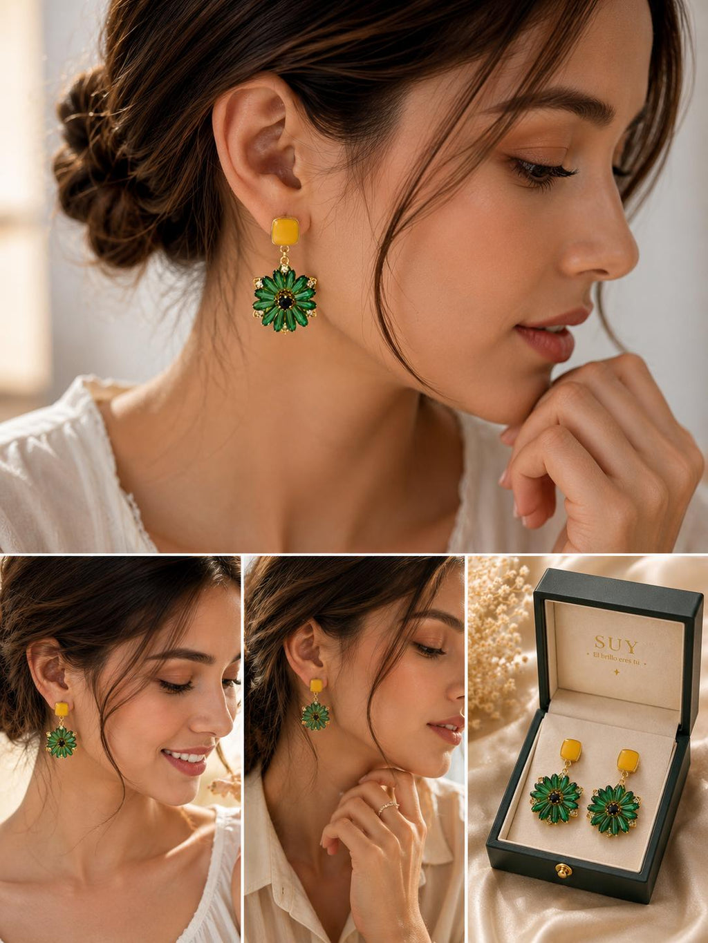 Aretes Colgantes Con Flor De Cristal Verde Y Piedra Cuadrada Amarilla Pendientes Lujosos Para Fiesta Evento SUY