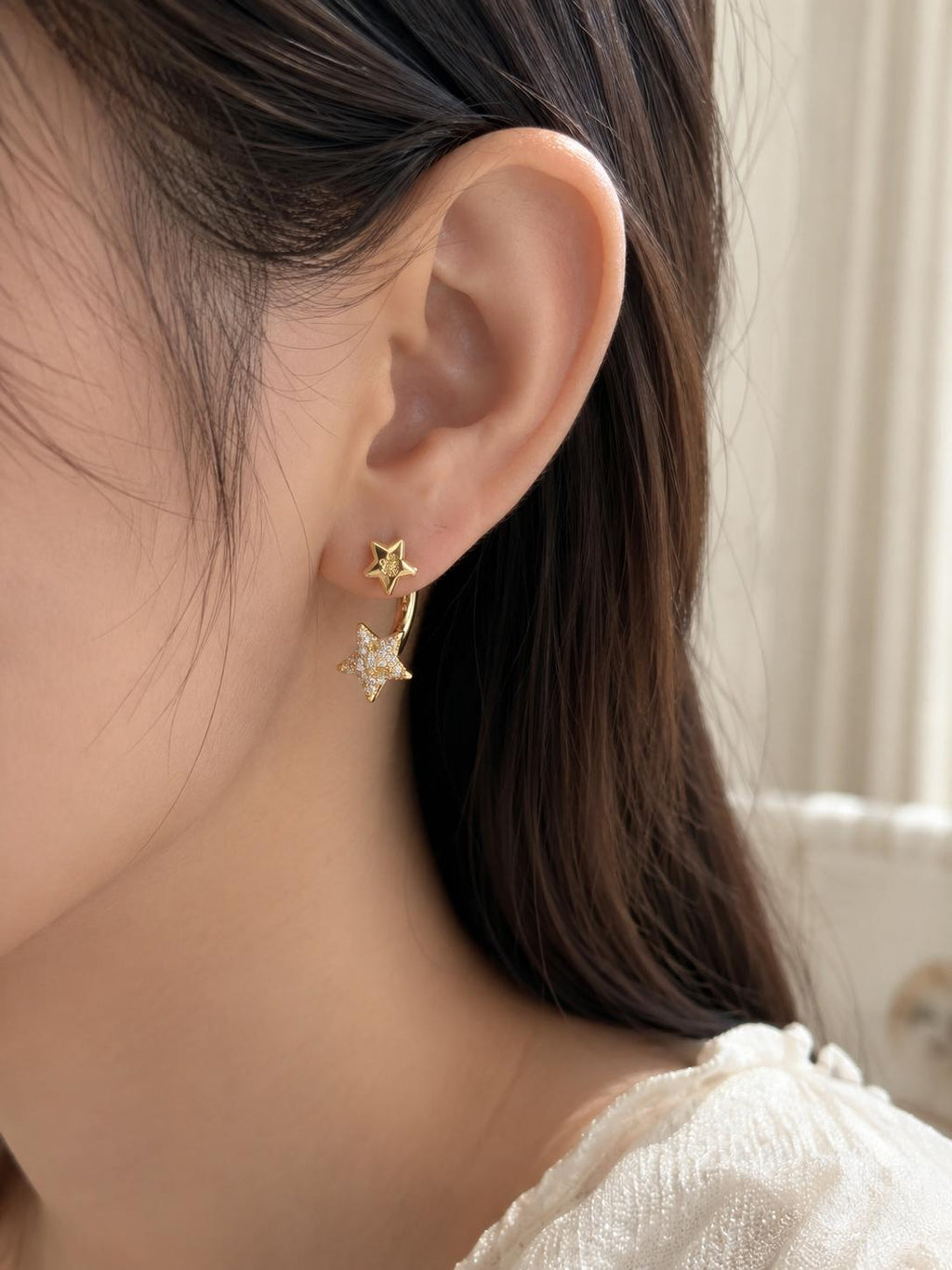 Aretes de doble estrella con circonitas brillantes, diseño vintage elegante, joyería fina SUY para mujer