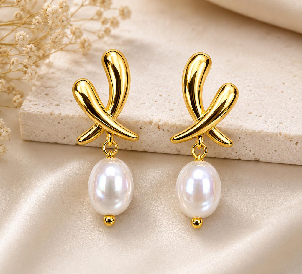 Pendientes aretes dorados diseño cruz con perla sintética,aretes colgantes elegantes para fiesta oficina uso diario joyería mujer SUY