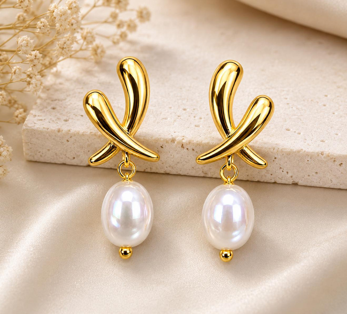Pendientes aretes dorados diseño cruz con perla sintética,aretes colgantes elegantes para fiesta oficina uso diario joyería mujer SUY