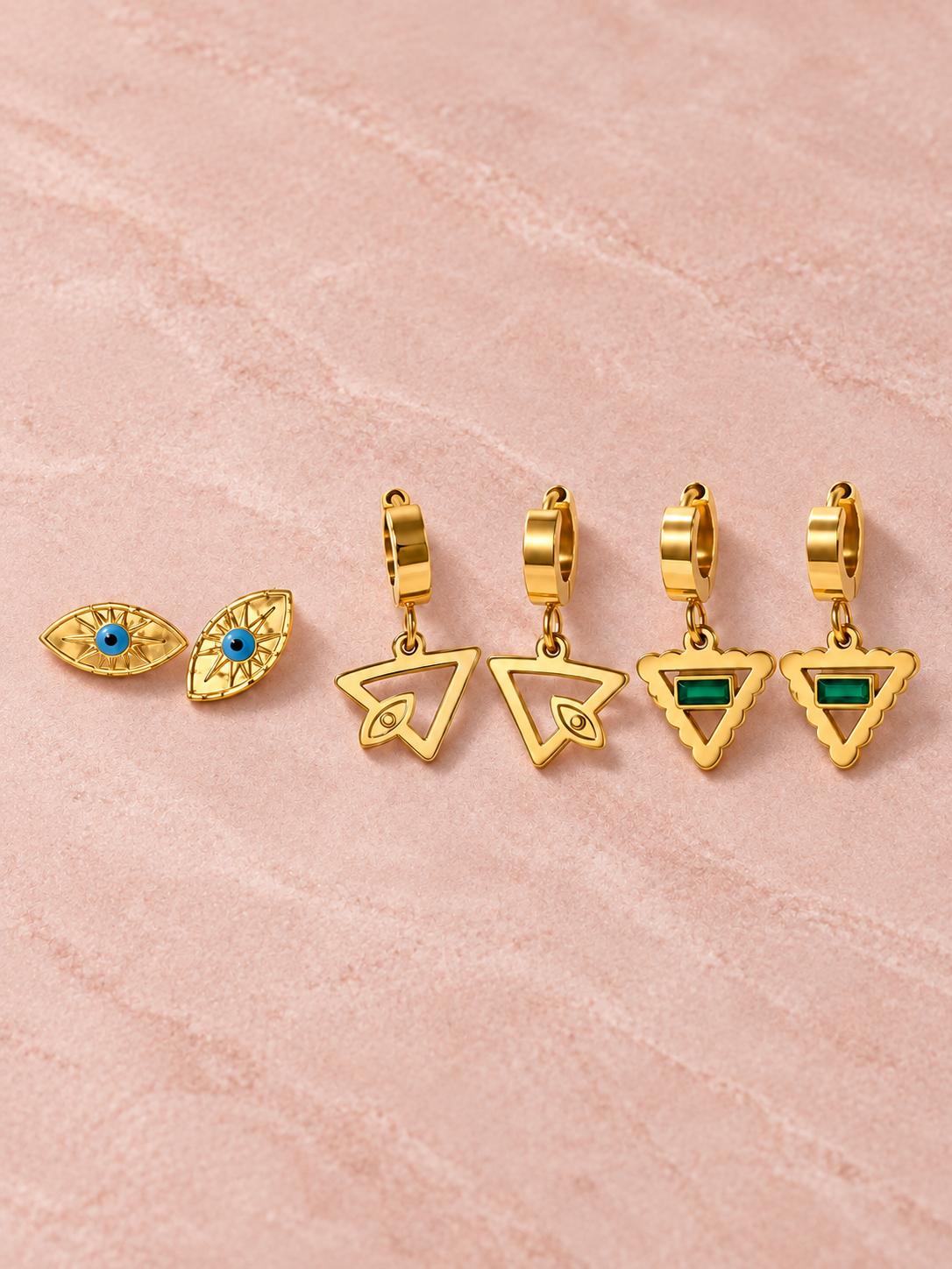 Set de 3 pares de aretes dorados para mujer, diseños de ojo azul y triángulos