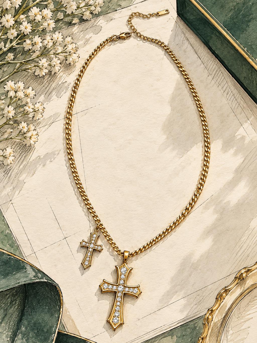 Collar dorado de cadena cubana con dos cruces de circonitas, collar vintage de moda SUY