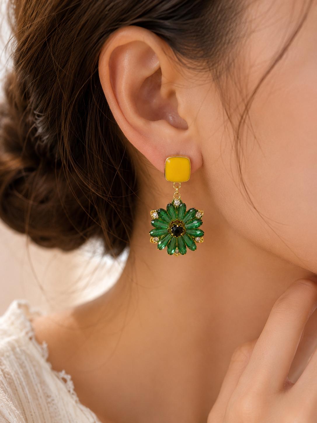 Aretes Colgantes Con Flor De Cristal Verde Y Piedra Cuadrada Amarilla Pendientes Lujosos Para Fiesta Evento SUY