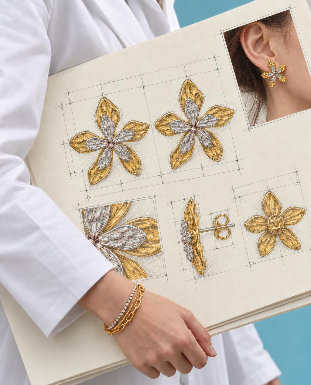 Aretes flor bicolor dorado y plateado, diseño elegante para mujer SUY