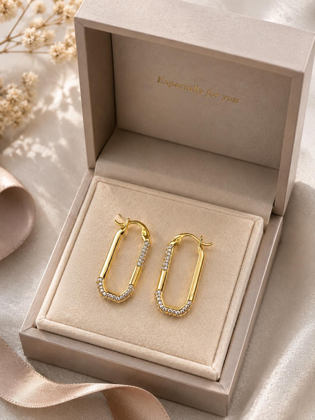 Aretes aro rectangular dorado con piedras brillantes, joyería minimalista para mujer SUY