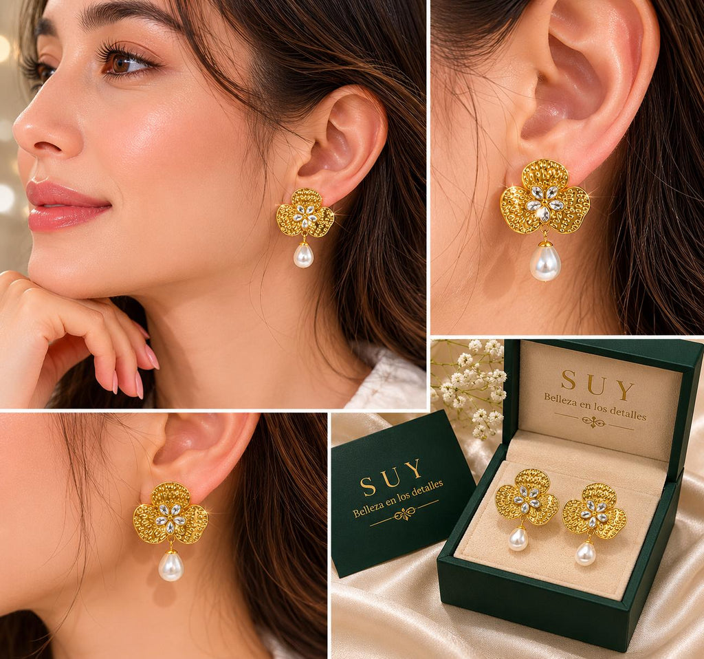 Aretes Flor Dorados con Perla Colgante y Piedras Brillantes , Diseño Vintage Elegante para Mujer SUY
