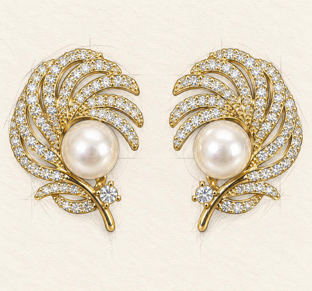 Aretes dorados en forma de pluma con perla y circonita, aretes elegantes para mujer SUY