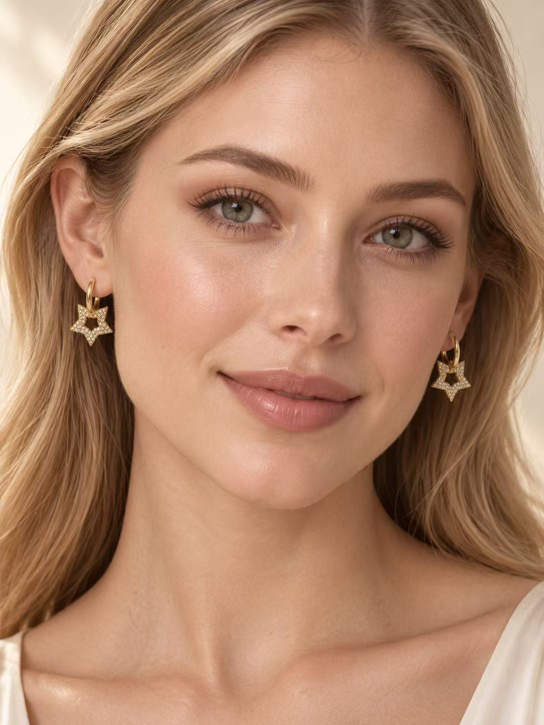 Aretes de Estrella Dorados con Zirconias Brillantes Joyería Elegante para Mujer SUY