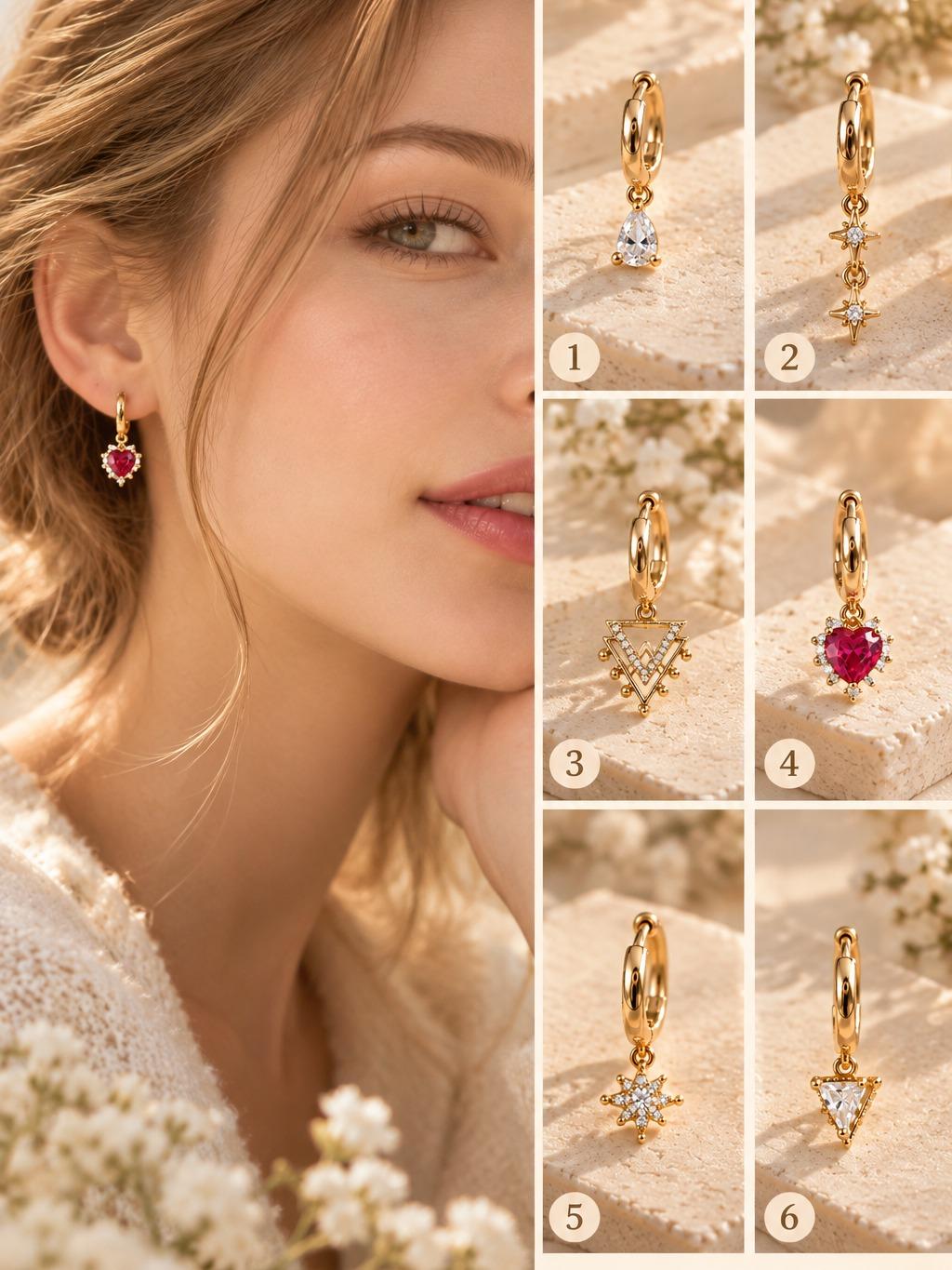 Set 6 Aretes Dorados con Corazón Rojo, Estrellas y Geométricos — Joyería Elegante Mujer