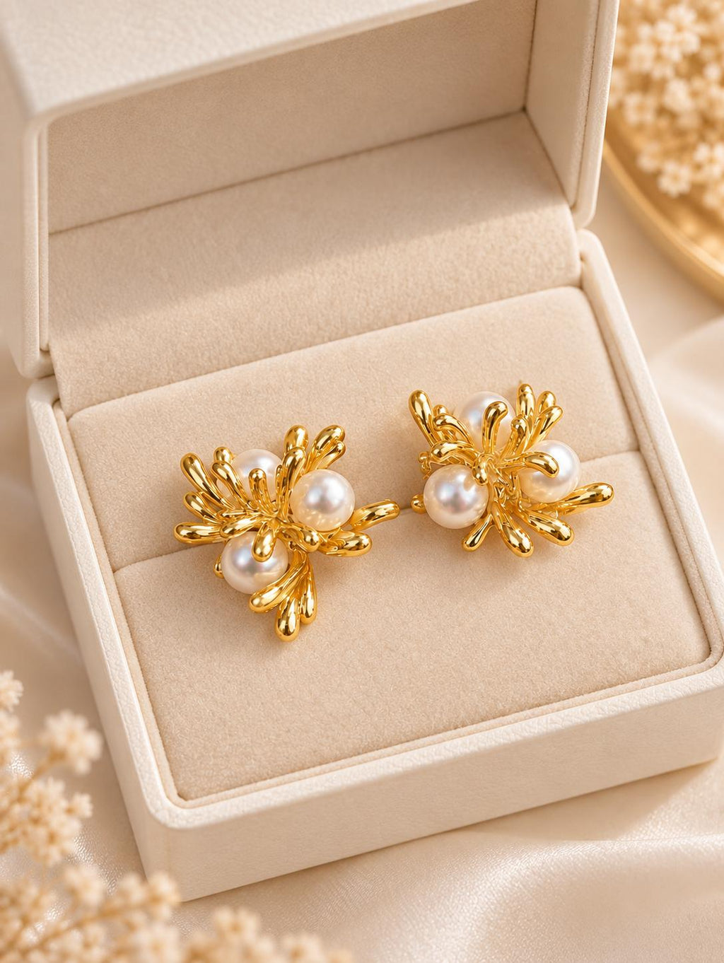Aretes flor de perla diseño abstracto dorado, joyería elegante para mujer SUY
