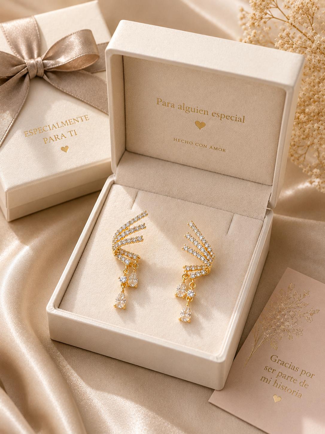 Pendientes dorados en forma de ala con circonias gota, diseño elegante para mujer SUY